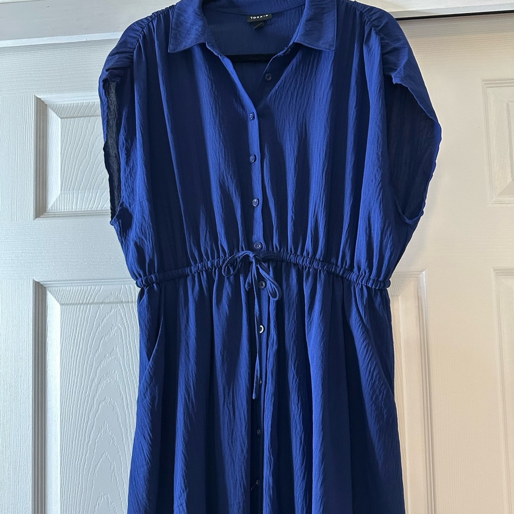 Women’s Torrid elegant Navy Blue Midi Dress button front SZ 0 (12) L draw string - Picture 5 of 12